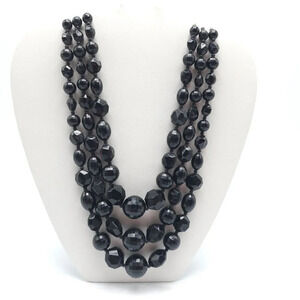 Hong Kong Faceted Black Acrylic Beads Multi Strand Necklace Silver Tone Vintage